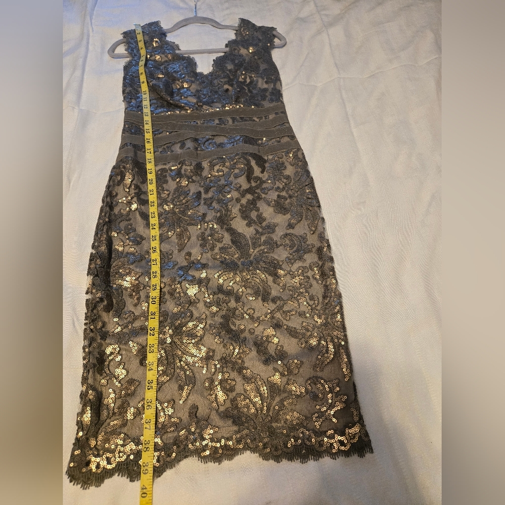 Tadashi Shoji Metallic Silver Champagne Lace Sheath Midi Dress - Picture 6 of 10